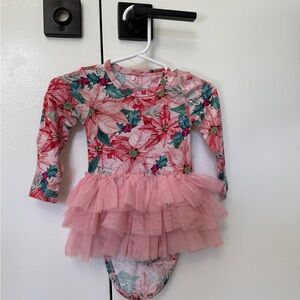 Posh Peanut Poinsettia Pink and Green Floral Baby Tulle Dress